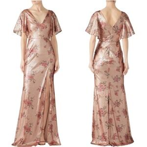 Marchesa Notte Rose Gold Split Sleeve V-Neck Floral Sequined Maxi Dress Size 2